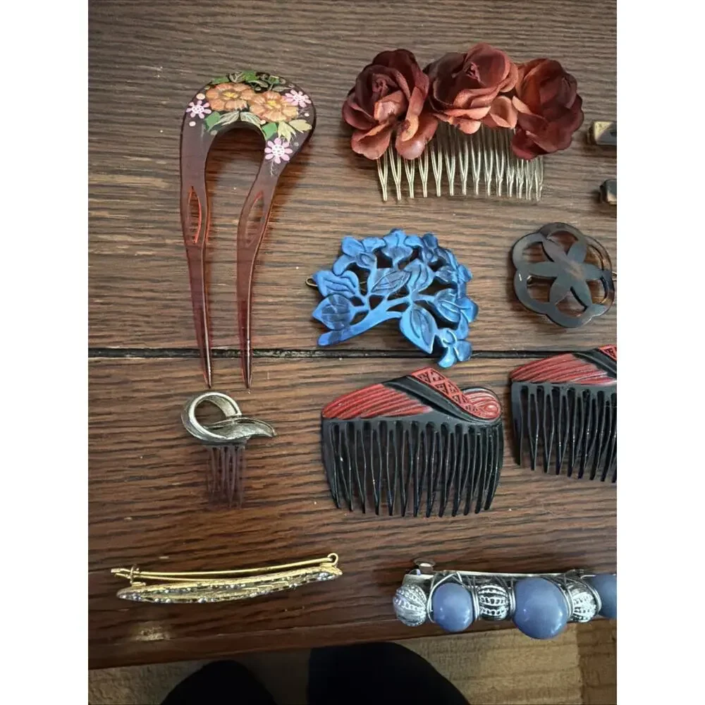 Vintage Lot Of Hair Pins Clips Berets Combs Hand Painted, Celluloid 50’s - 90’s